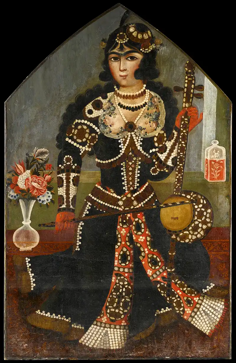 A female musician playing a Kamancheh